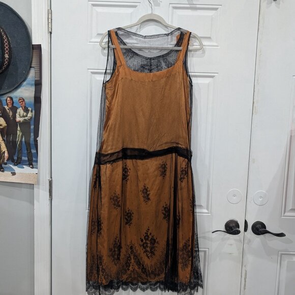 Antique Vintage 1920s Drop Waist Dress Orange Black Lace Medium Art Deco Flapper - Picture 8 of 9
